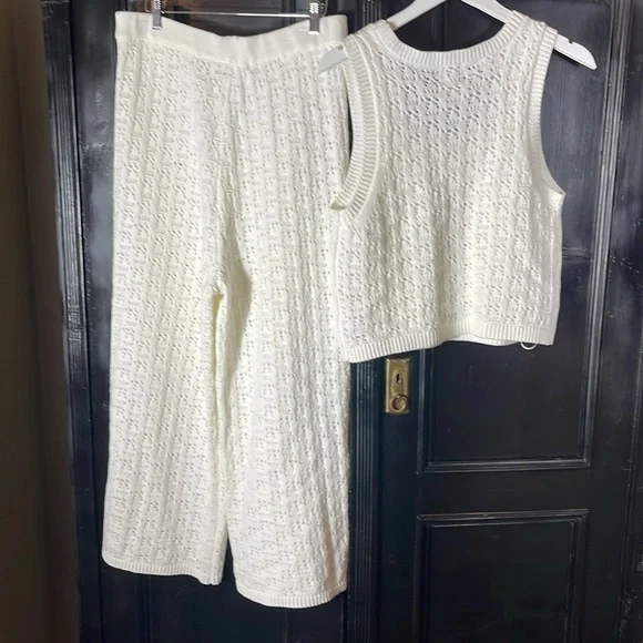 NWT Joie 2 Pc Set Crochet Wide Leg Pants And Tank Top SZ XS SZ L White - Picture 2 of 8